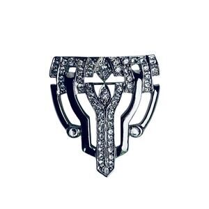 Vintage Silver Tone and Crystal Brooch Pin Art Deco Style 1950's 1.5 in x 2 in